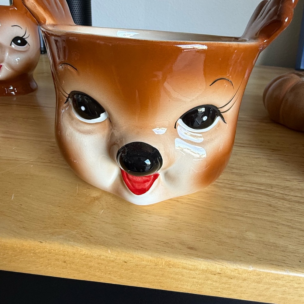 Pottery barn pb rare Charming Brown cheeky Deer Ceramic candy bowl